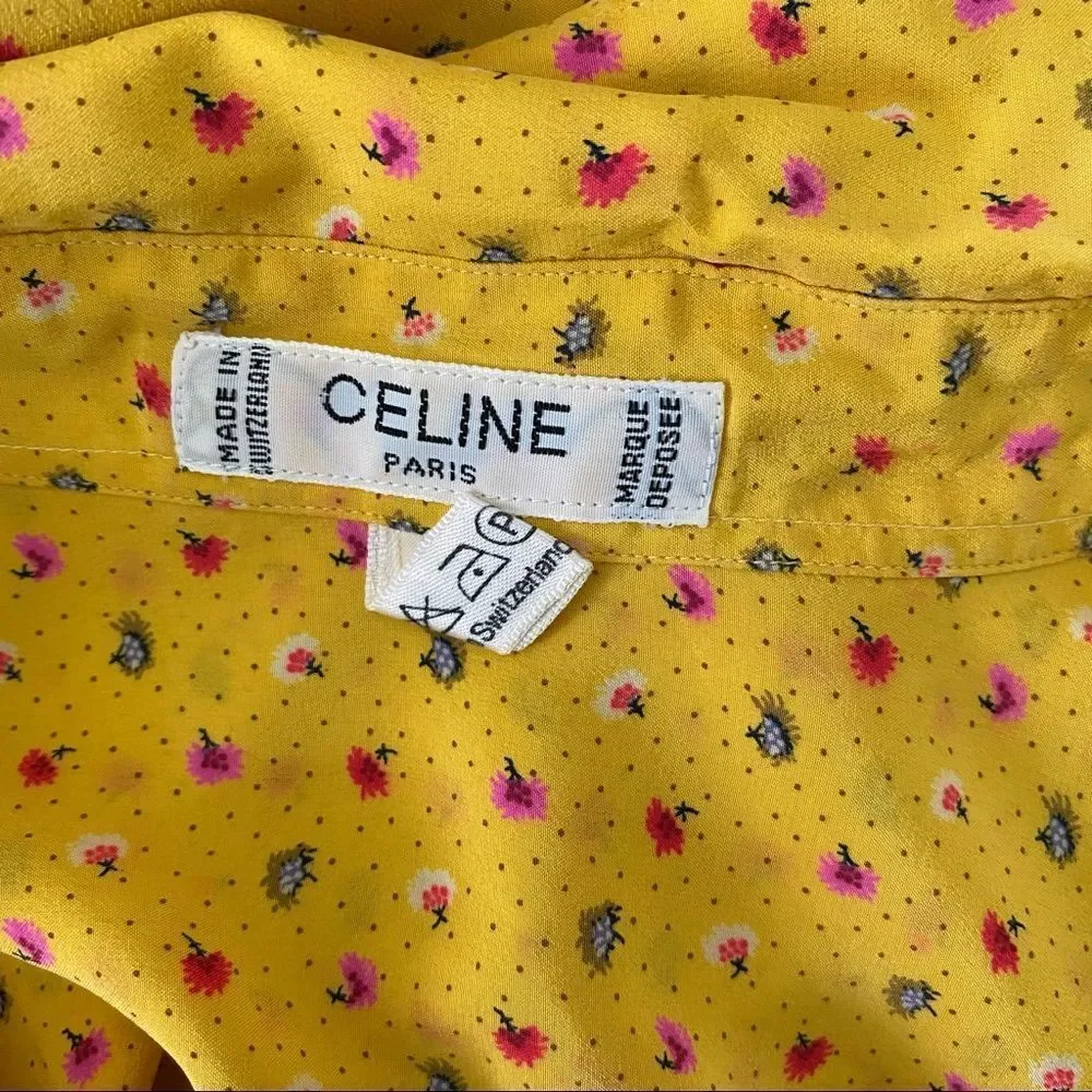 Celine Paris Vintage Yellow Silk Floral Blouse M - Picture 9 of 11